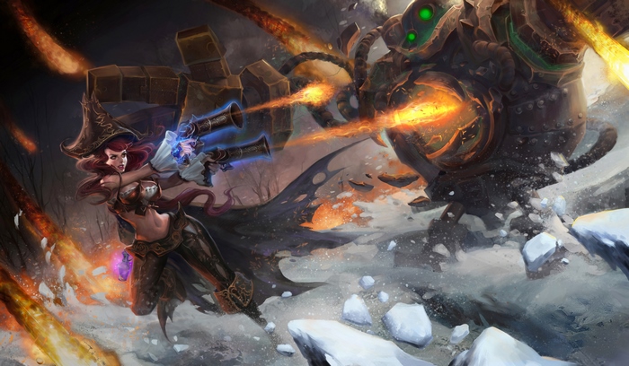 Miss Fortune and Blitzcrank from League of Legends in battle