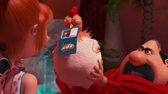 Lucy from Despicable Me Holding a Chicken with ID Badge