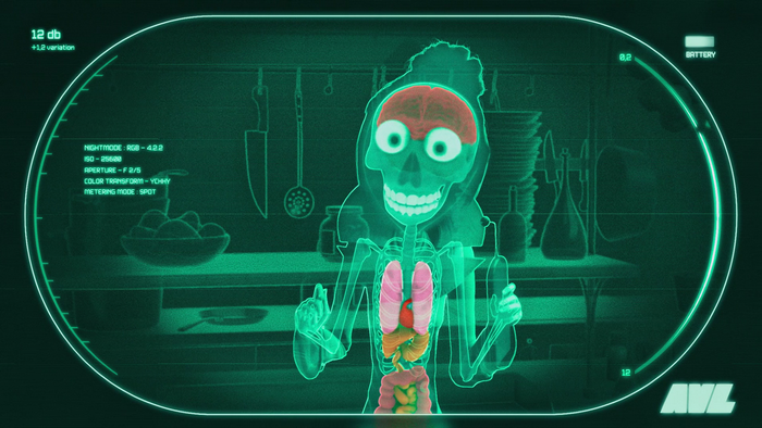Skeleton with organs in a kitchen