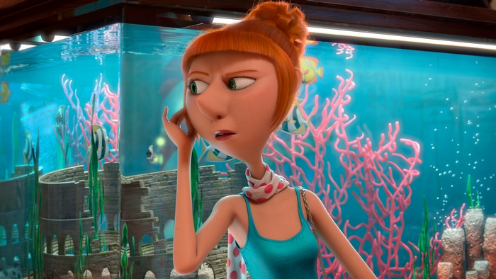 Lucy Wilde from Despicable Me in front of an aquarium