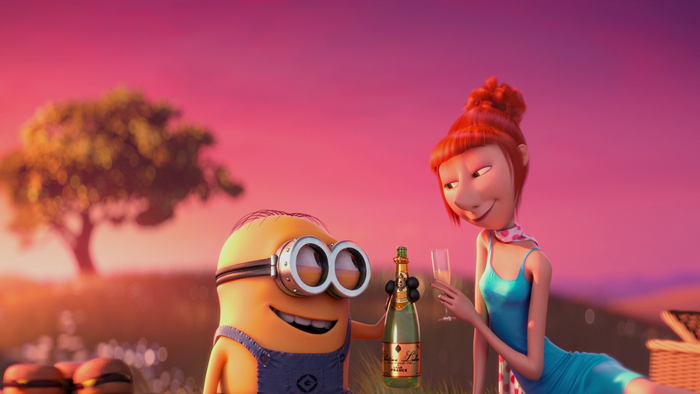 Lucy and a Minion from Despicable Me celebrating with champagne