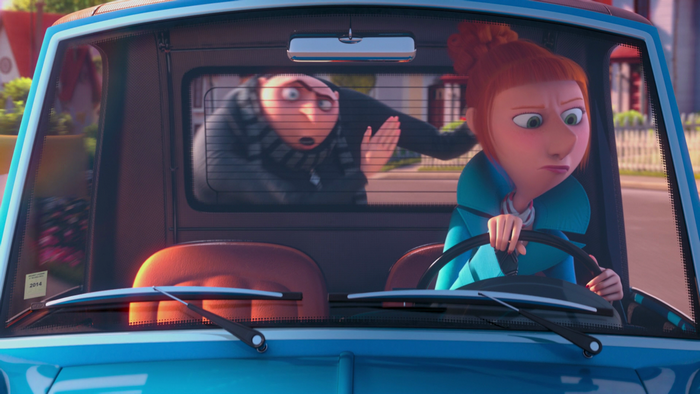 Lucy Wilde and Gru from Despicable Me driving a car