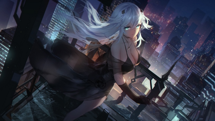 Noire from Hyperdimension Neptunia in a city at night