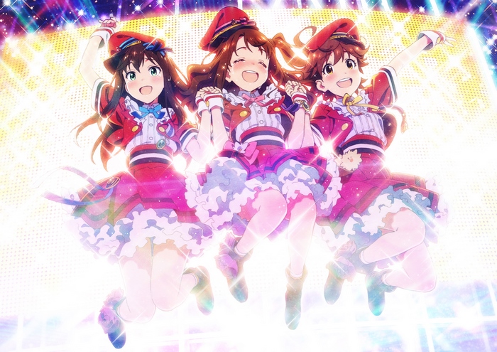 Uzuki Shimamura and two other idols jumping