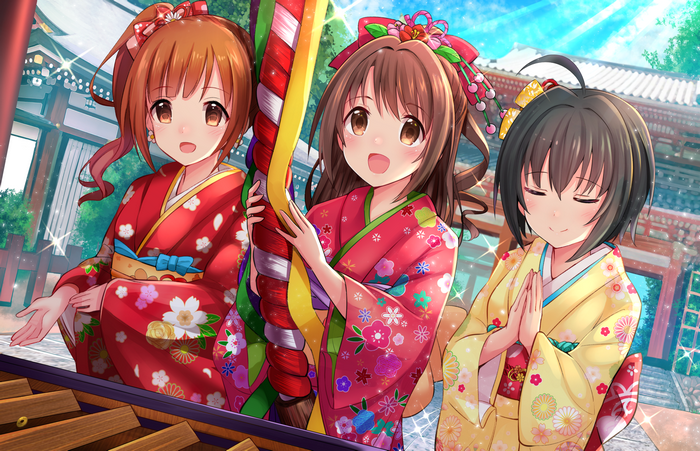 Uzuki Shimamura and friends in kimonos at a shrine