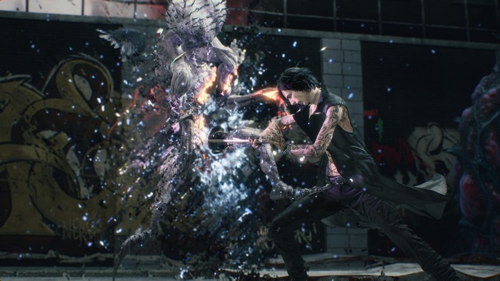 V fighting a demon from Devil May Cry 5