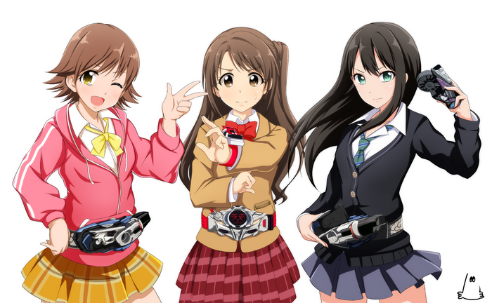 Uzuki Shimamura and friends with Kamen Rider belts