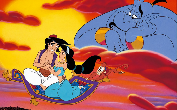 Aladdin flying on a magic carpet with Jasmine and Abu