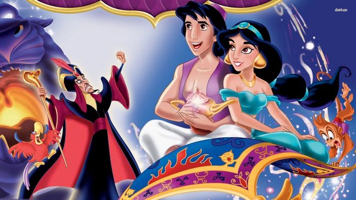 Aladdin, Jasmine, Jafar, and Abu on a magic carpet