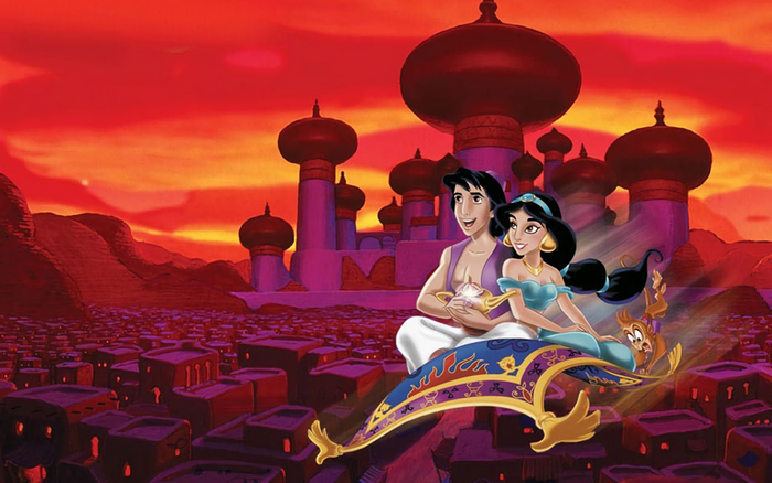 Aladdin and Jasmine flying on a magic carpet