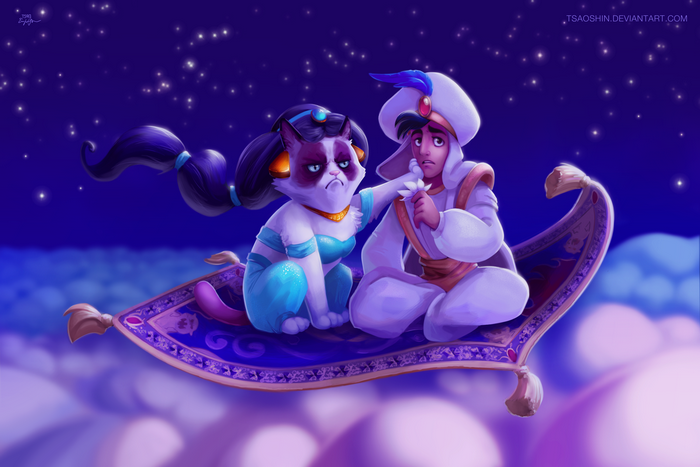 Grumpy Cat as Jasmine and Aladdin on a magic carpet
