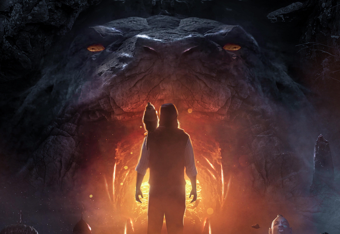 Man facing a giant snake's mouth