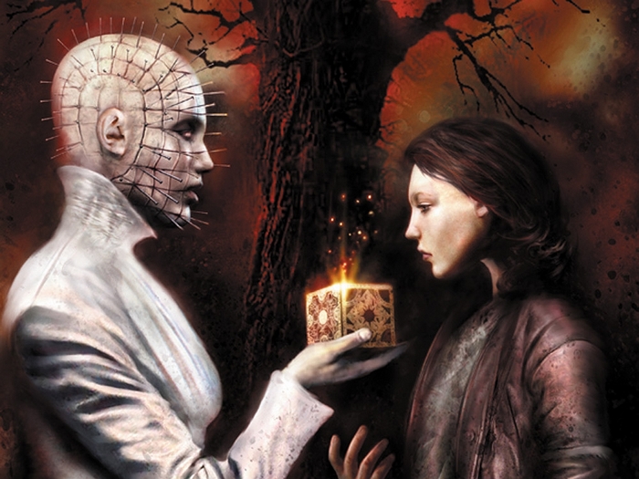 Pinhead from Hellraiser and a woman with a puzzle box