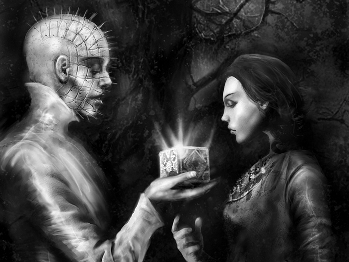 Pinhead from Hellraiser and a woman with a puzzle box