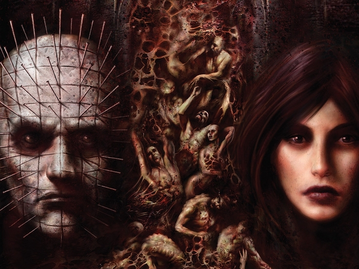 Pinhead from Hellraiser and a woman