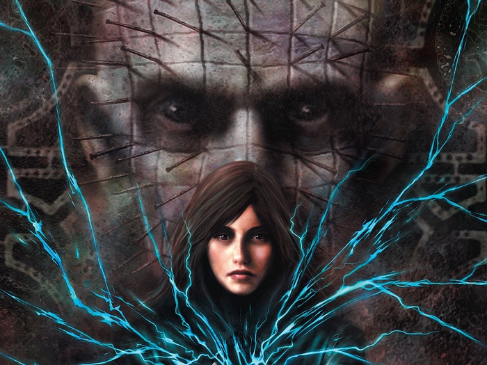 Pinhead from Hellraiser with a woman and blue lightning