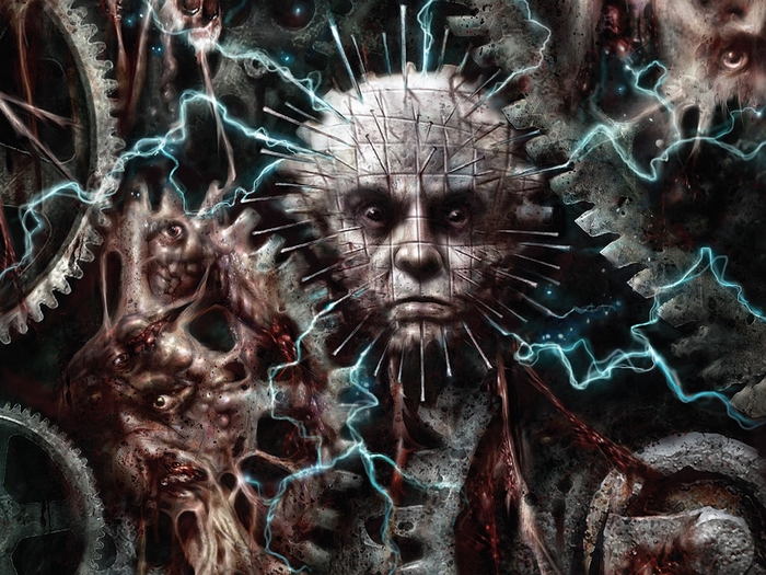 Pinhead from Hellraiser with mechanical and fleshy elements