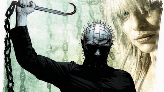 Pinhead from Hellraiser holding a hook and chain