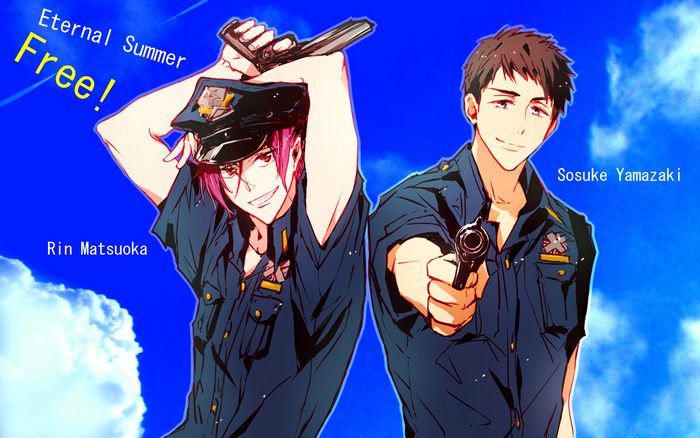 Rin Matsuoka and Sosuke Yamazaki from Free! holding guns