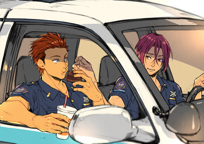 Rin Matsuoka and Sousuke Yamazaki in police uniforms