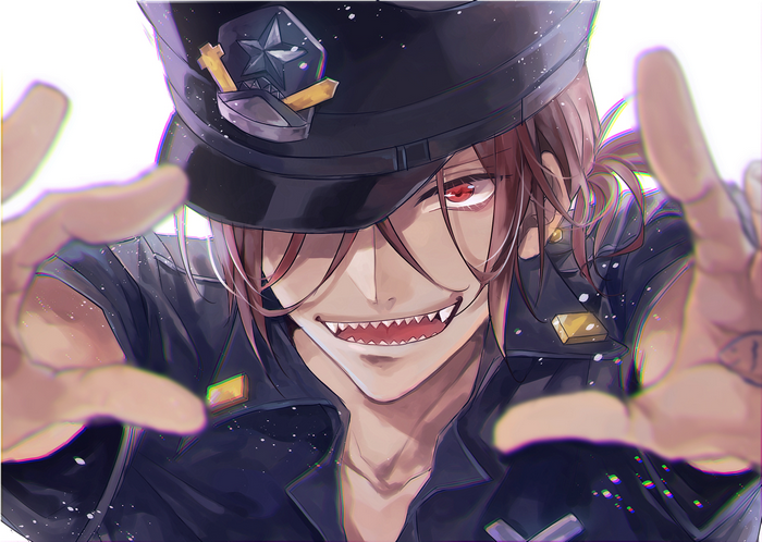 Rin Matsuoka Smiling in Police Uniform with Sharp Teeth