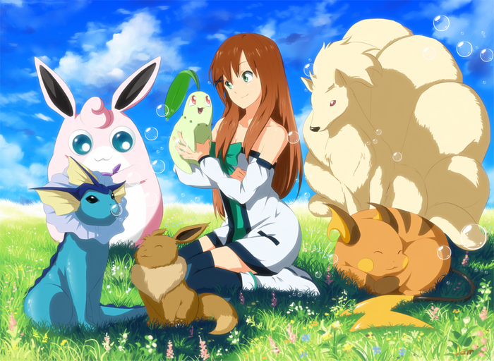 Girl with Pokémon: Chikorita, Jigglypuff, Vaporeon, Eevee, Arcanine, and Raichu