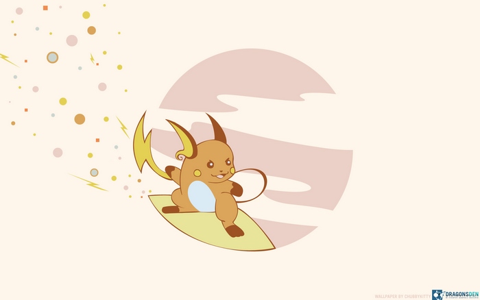Raichu surfing on a surfboard