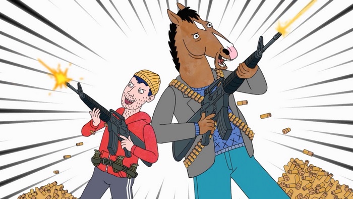 BoJack Horseman and Todd Chavez with guns