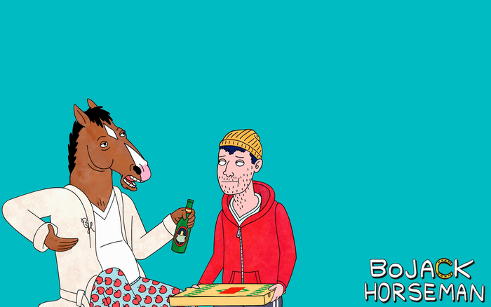 BoJack Horseman characters with pizza and beer
