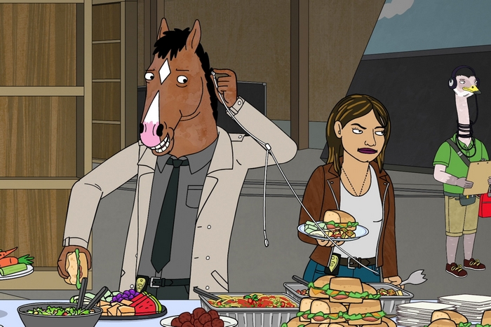 BoJack Horseman at a buffet with Diane and Mr. Peanutbutter