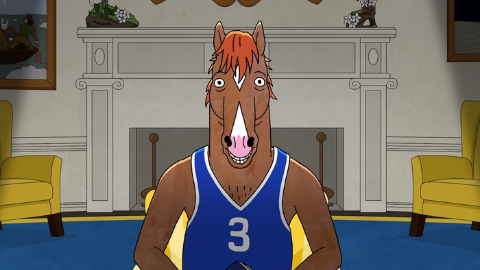 BoJack Horseman in a blue basketball jersey