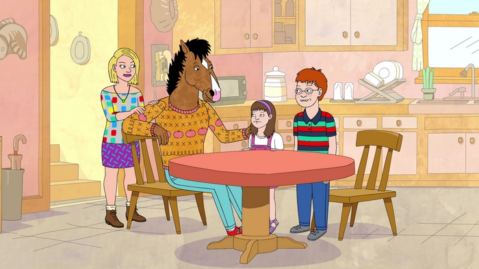 BoJack Horseman with children and woman in kitchen