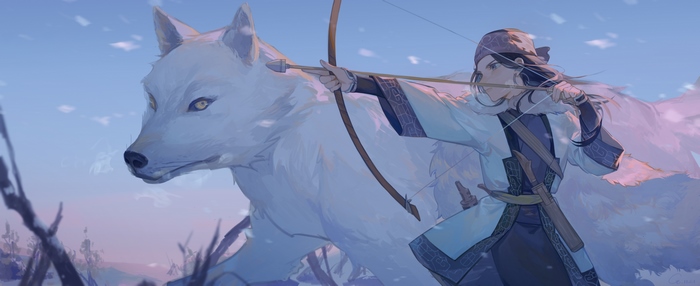 Asirpa from Golden Kamuy with a white wolf