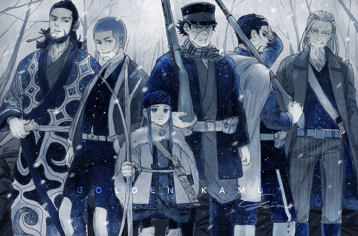 Golden Kamuy characters in a snowy forest