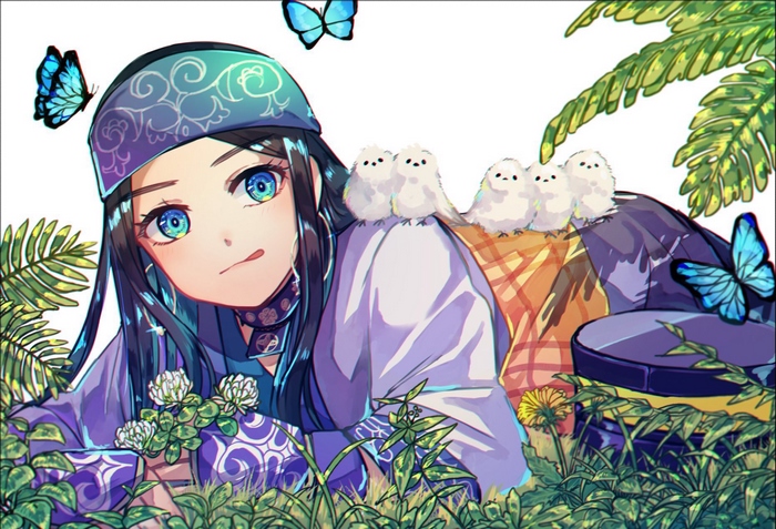 Asirpa from Golden Kamuy with birds and butterflies