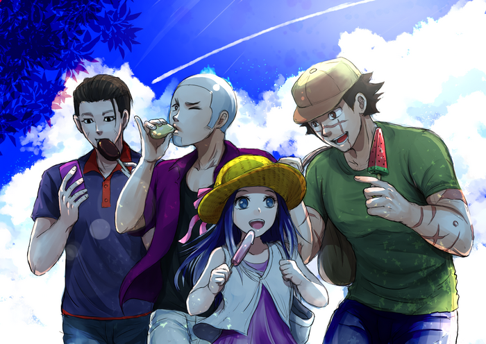 Four people eating popsicles under a blue sky