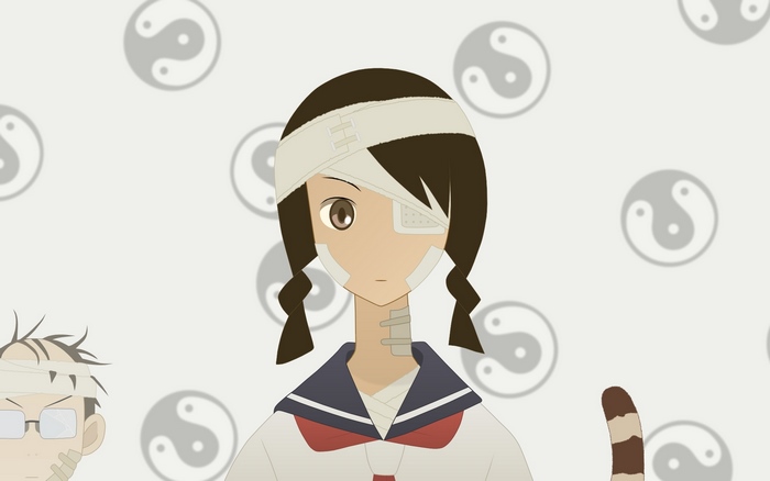 Girl with bandages and eye patch, boy with bandages