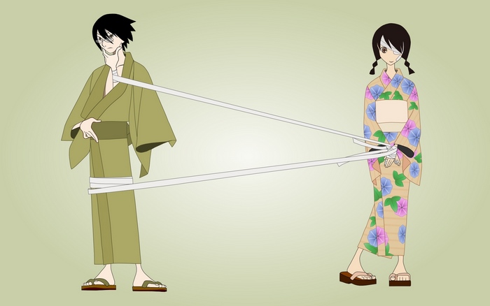 Two anime characters in kimonos connected by white ribbons