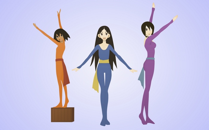 Three anime-style dancers in colorful outfits