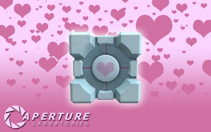 Companion Cube from Portal with Hearts and Aperture Laboratories Logo