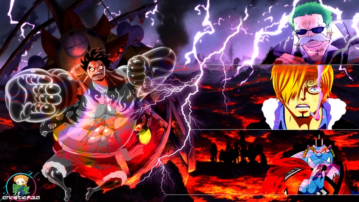 Monkey D. Luffy, Roronoa Zoro, Vinsmoke Sanji, and Jinbe from One Piece