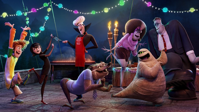 Dracula and friends at a party in Hotel Transylvania