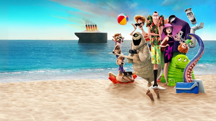 Hotel Transylvania characters on a beach with a cruise ship