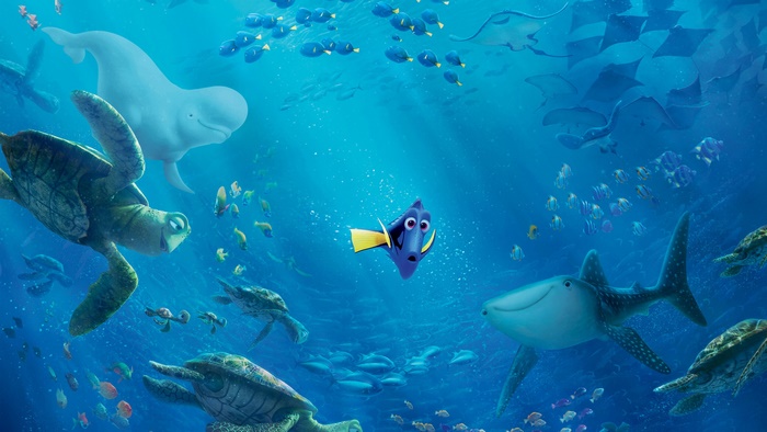 Dory from Finding Nemo underwater with sea creatures