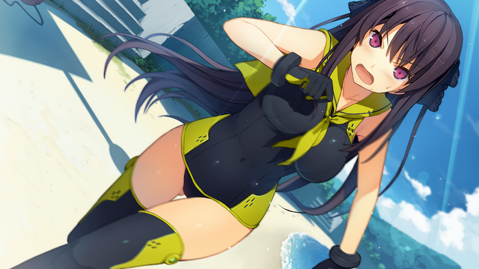 Misaki Tobisawa in a black and yellow swimsuit