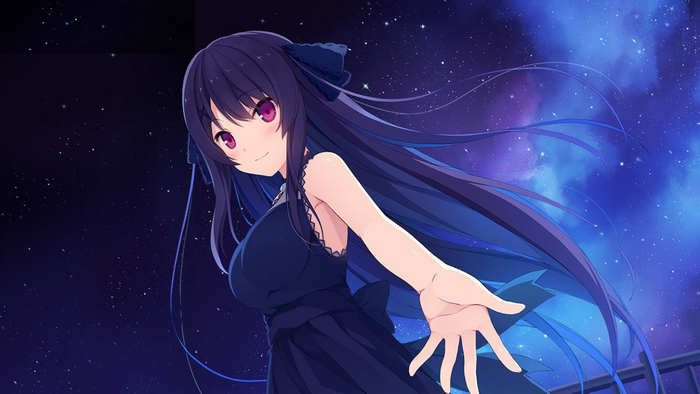 Misaki Tobisawa in a dark dress against a starry sky