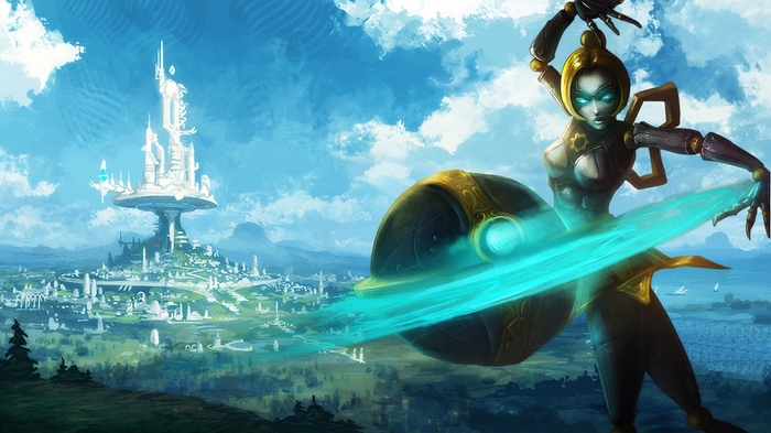 Orianna from League of Legends in a futuristic city