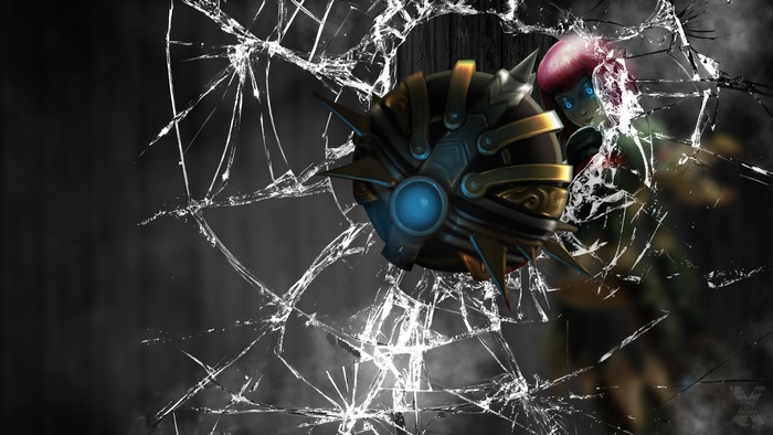 Orianna from League of Legends behind broken glass