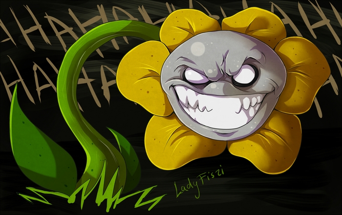 Flowey from Undertale with Joker-like grin