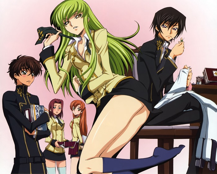 Code Geass characters: Lelouch, C.C., Suzaku, Shirley, and Cornelia